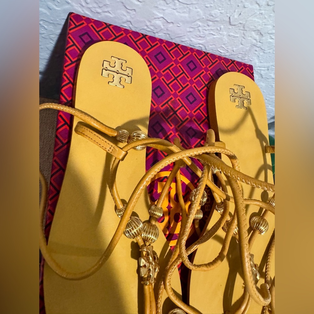Tory Burch Capri Lace up Yellow and gold Sandals Worn Once !!! - Picture 5 of 10